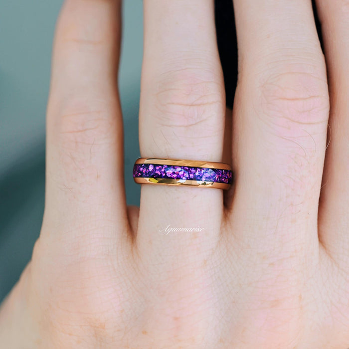 Feyra Starry Night & Amethyst Couples Ring Set featuring a rose gold band with a shimmering purple amethyst inlay, styled on a finger, crafted by Aquamarise from Matching Couples' Rings and Best Selling Jewelry collections.