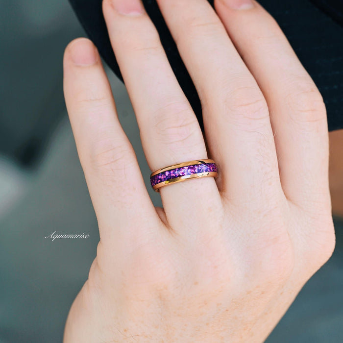 Feyra Starry Night & Amethyst Couples Ring Set featuring a polished rose gold band with a central crushed amethyst gemstone inlay, crafted by Aquamarise as part of Matching Couples' Rings and Amethyst Jewelry collections.