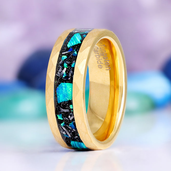 Fire opal meteorite men's gold tungsten carbide wedding band, 8mm width
