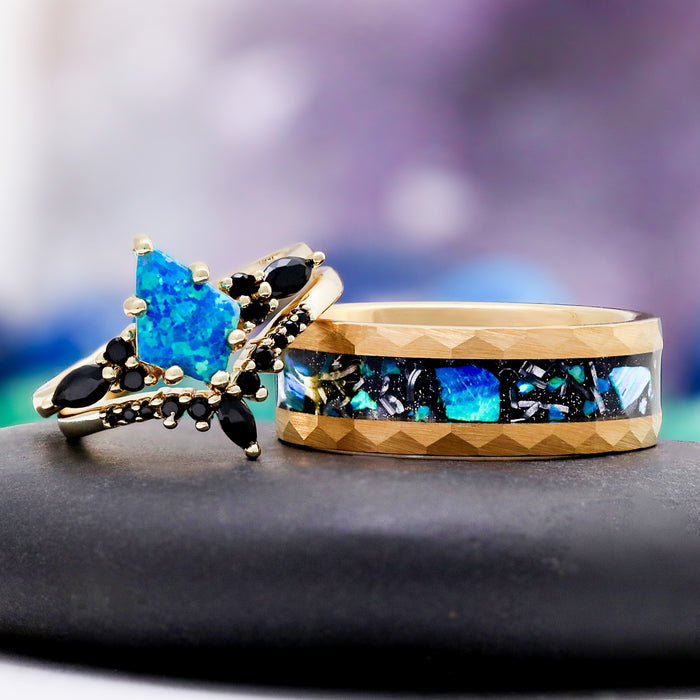 Skye kite blue fire opal meteorite Starry Night couples ring set by Aquamarise