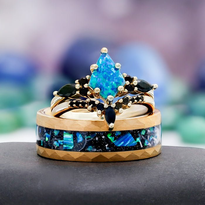 Skye kite blue fire opal and meteorite Starry Night couples ring set lifestyle photo