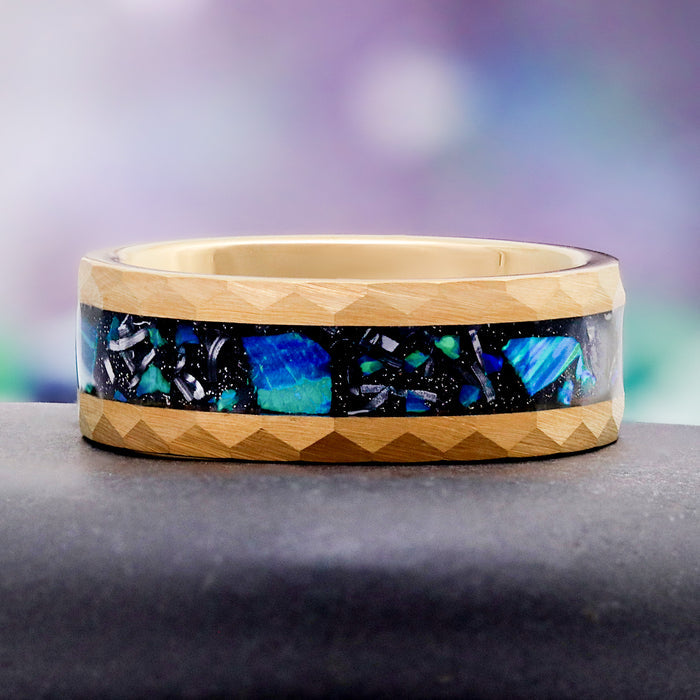 Fire opal and meteorite men's wedding band in gold tungsten carbide