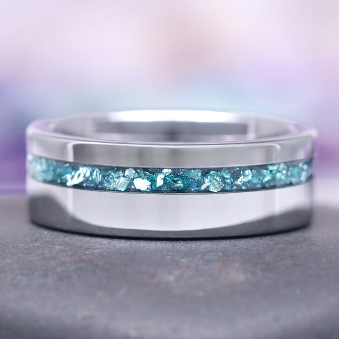 Fireworks Cut Aquamarine Couples Ring Set featuring a polished silver band inlaid with crushed aquamarine stones, crafted by Aquamarise, part of Matching Couples' Rings, March Birthstone Jewelry, and Meaningful Jewelry Gifts collections.