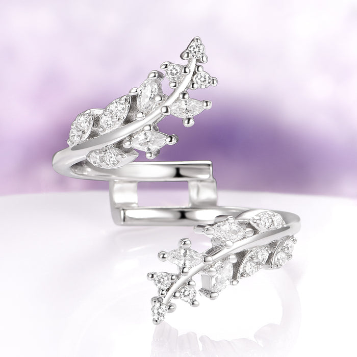 Marquise Diamond Leaf Ring Guard in 14K White Gold by Aquamarise Gold featuring an elegant open band design with delicate leaf and vine motifs accented with sparkling diamonds, part of Solid Gold Engagement Rings and Women’s Wedding Bands collections.