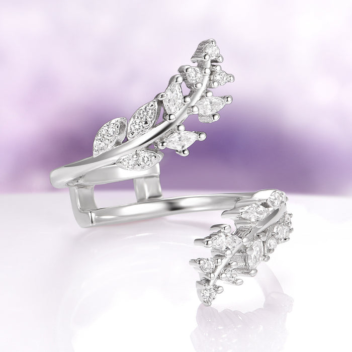 Marquise Diamond Leaf Ring Guard in 14K White Gold by Aquamarise Gold featuring a delicate, nature-inspired design with sparkling diamond accents on intricately crafted leaf and vine motifs, part of Solid Gold Engagement Rings and Women’s Wedding Bands collections.