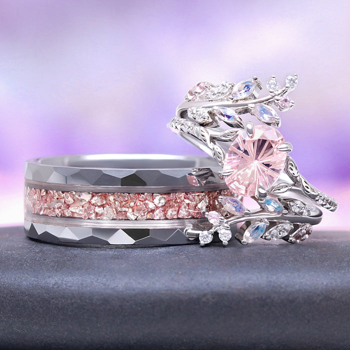 Fireworks Cut Morganite & Moonstone Leaf Couples Ring Set featuring a detailed silver leaf design with pink morganite and moonstone inlays, crafted by Aquamarise for matching couples.