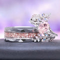 Fireworks Cut Morganite & Moonstone Leaf Couples Ring Set featuring a detailed silver leaf design with pink morganite and moonstone inlays, crafted by Aquamarise for matching couples.