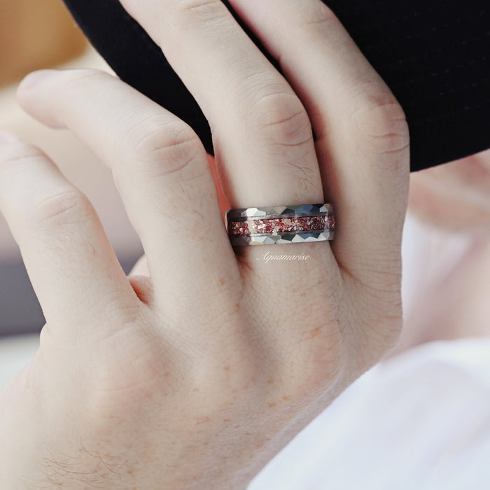 Fireworks Cut Morganite & Moonstone Leaf Couples Ring Set featuring a faceted silver band with crushed pink morganite center inlay, styled by Aquamarise for matching couples.