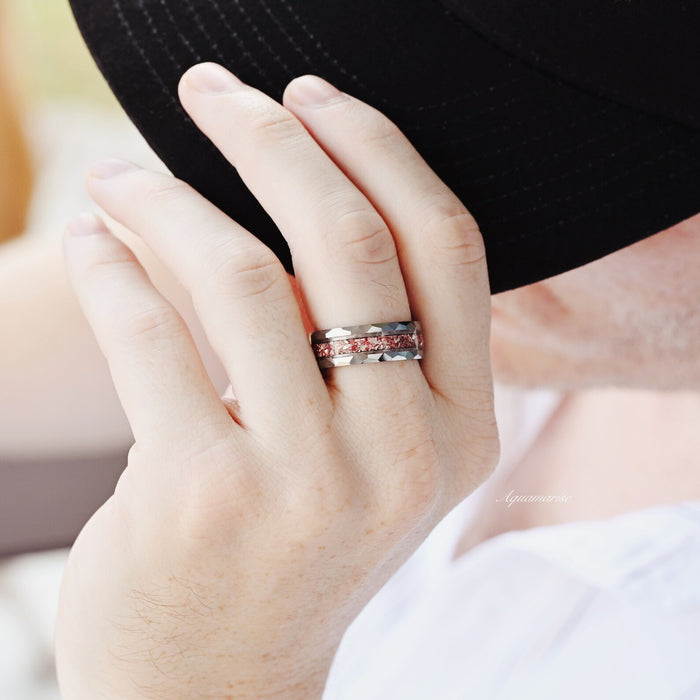 Fireworks Cut Morganite & Moonstone Leaf Couples Ring Set featuring a faceted silver band with pink morganite and moonstone inlays, styled by Aquamarise for matching couples.