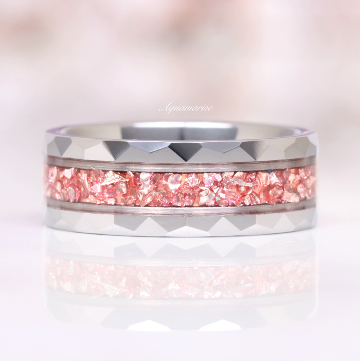 Fireworks Cut Morganite & Moonstone Leaf Couples Ring Set featuring a faceted silver band with a crushed pink morganite inlay, crafted by Aquamarise for Matching Couples' Rings collection.
