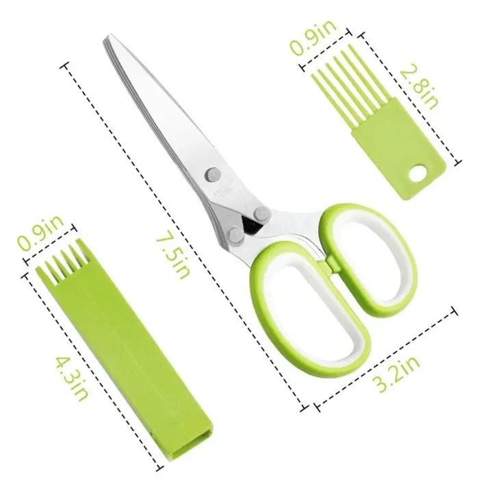 Five blade herb scissors with green handles and measuring tools displayed alongside.