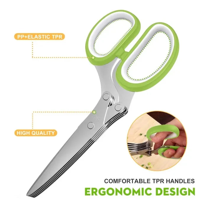 Five blade herb scissors with ergonomic TPR handles for comfortable grip and efficient herb cutting.