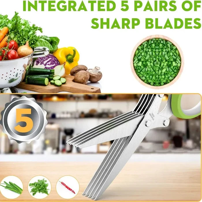 Five blade herb scissors with integrated sharp blades, perfect for quick herb trimming in the kitchen.