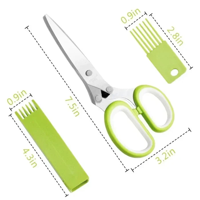 Five blade herb scissors with green handles and measuring tools, perfect for trimming herbs efficiently.