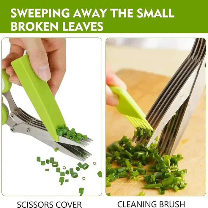 Five blade herb scissors with cleaning brush and cover for easy herb prep and maintenance.