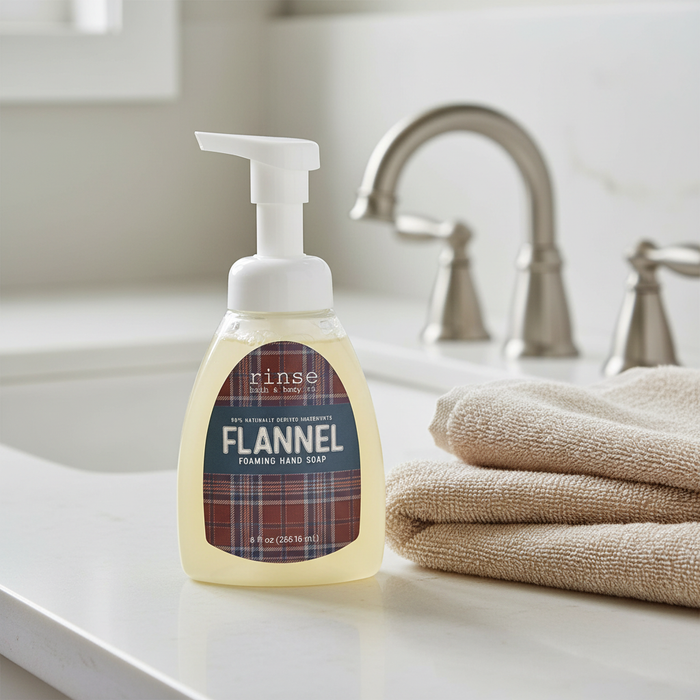 AI-generated Flannel Foaming Hand Soap bathroom scene based on the real product image