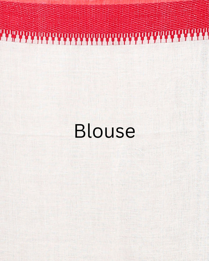 Indiehaat| Pure Linen White Saree Floral Buti Striped Pallu