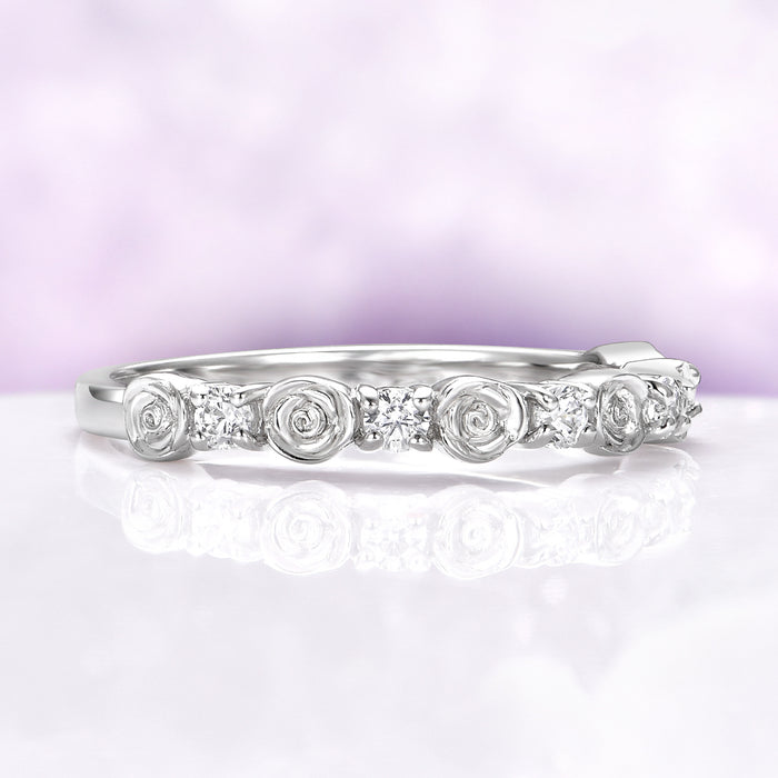 Floral Rose Wedding Band – 14K White Gold Flower Band – Dainty Nature Inspired Stacking Ring