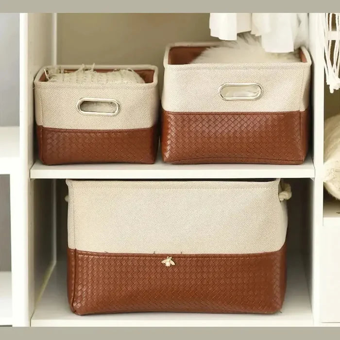 Foldable storage basket organizer in three sizes, stylish and practical for decluttering your home.