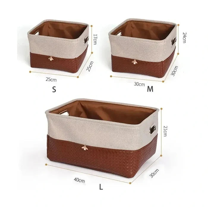 Foldable storage basket organizer in three sizes, elegantly designed for tidy home organization.