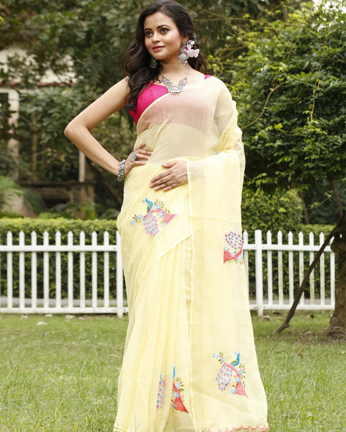 French Beige Pure Kota Doria Saree Embroidered