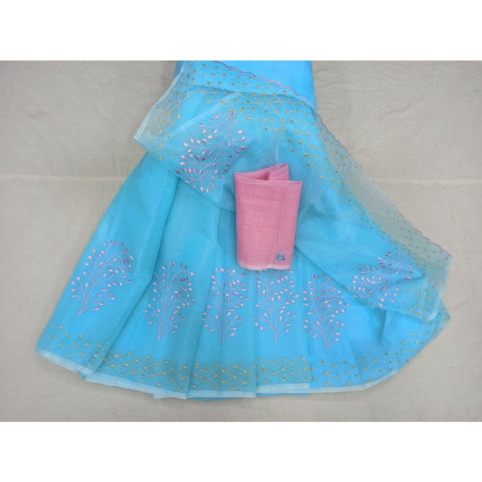 Kota Doria Embroidery Blue Saree with blouse Handcrafted-Indiehaat