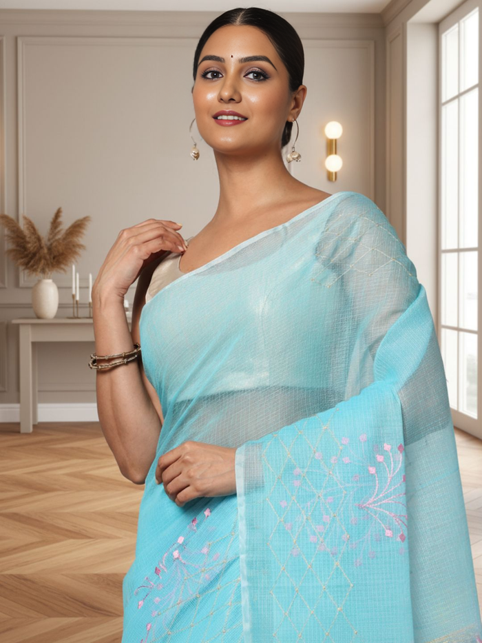 Fresh Kota Doria Cotton Bel Embroidery Blue Saree Handdyed