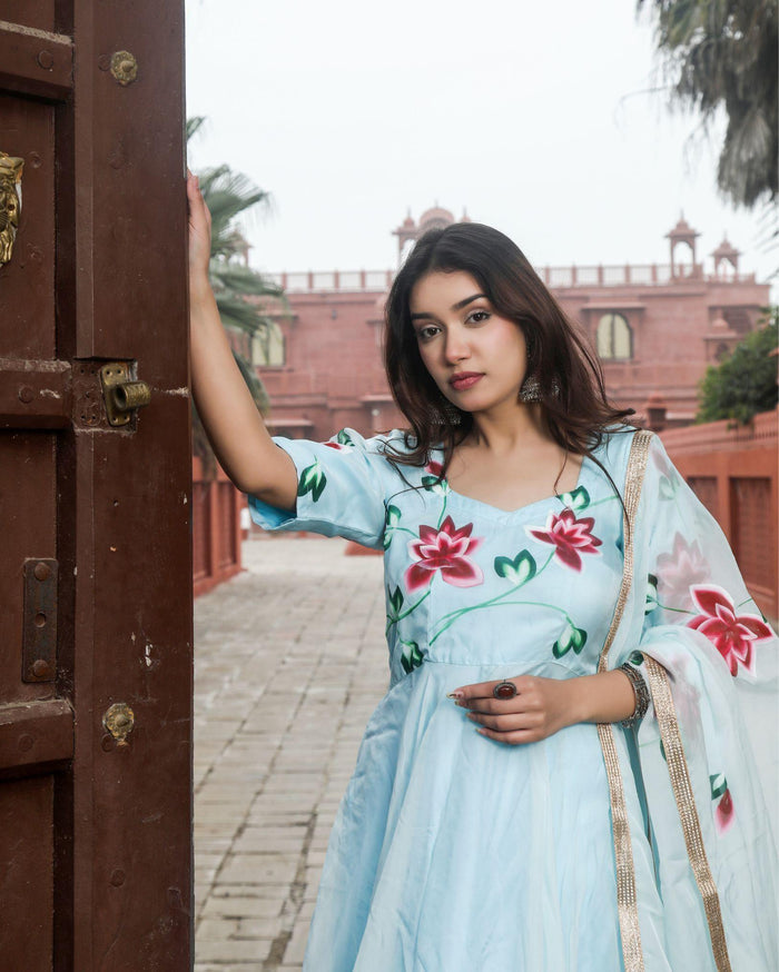 Organza Stitched Suit Light Blue Color Hand painted - IndieHaat