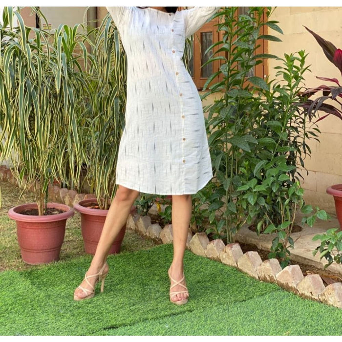 Pure Cotton White Ikkat Handblock Printed Prestitched Dress (Size 34 to 46)-Indiehaat