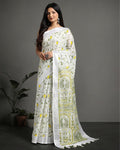 Slub Linen Batik Print Saree – White & Green with Blouse