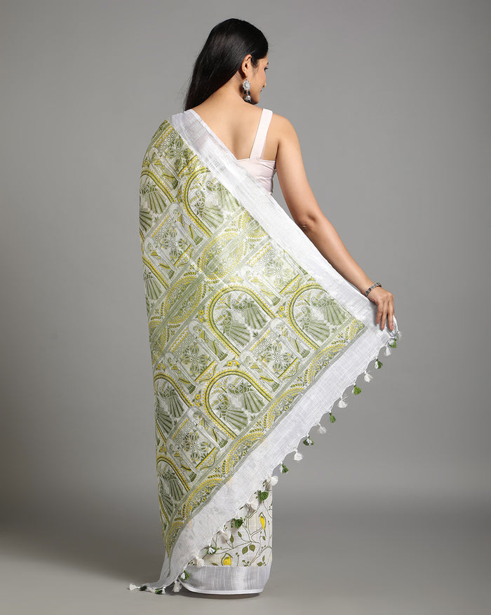 Slub Linen Batik Print Saree – White & Green with Blouse