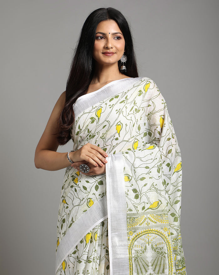 Slub Linen Batik Print Saree – White & Green with Blouse