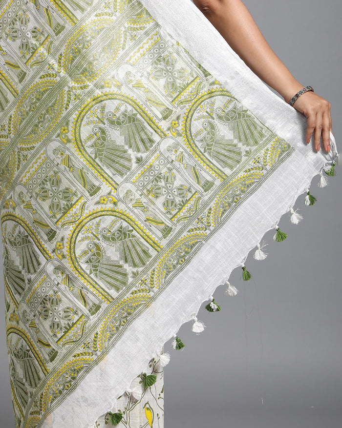 Slub Linen Batik Print Saree – White & Green with Blouse