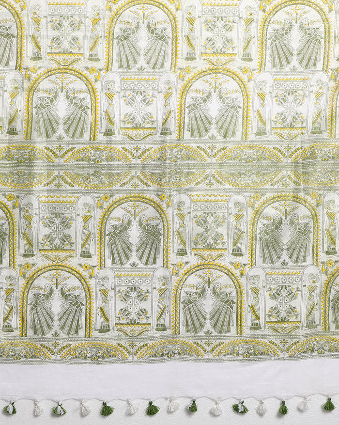 Slub Linen Batik Print Saree – White & Green with Blouse