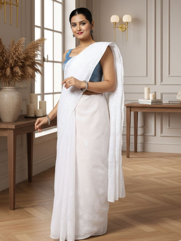 Frosty Chikankari Kota Doria Saree White Handcrafted