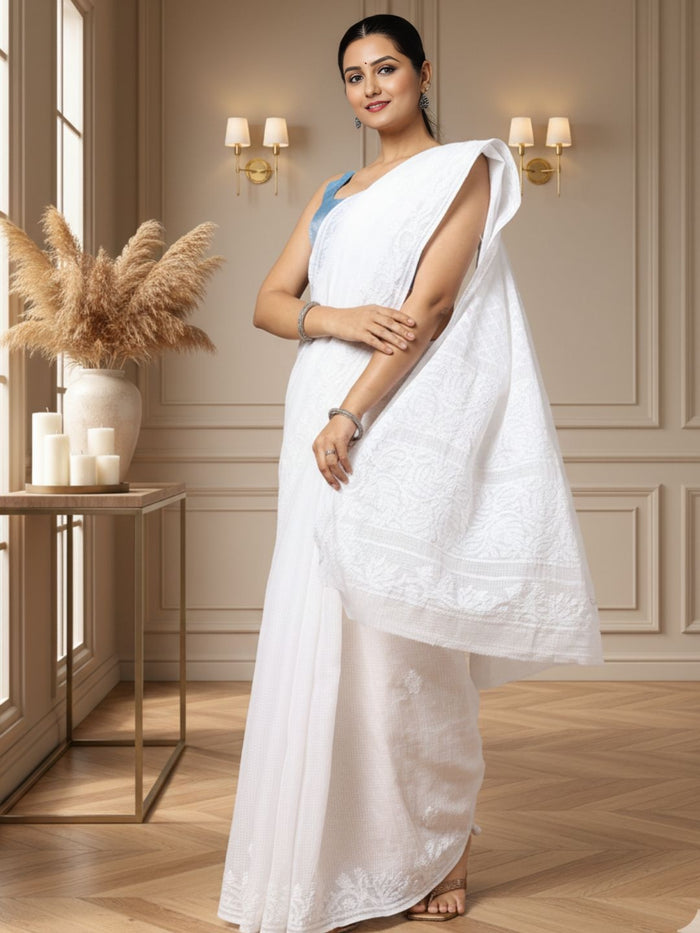 Frosty Chikankari Kota Doria Saree White Handcrafted