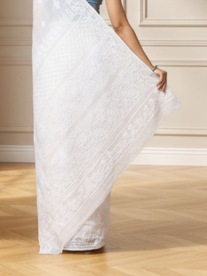 Frosty Chikankari Kota Doria Saree White Handcrafted