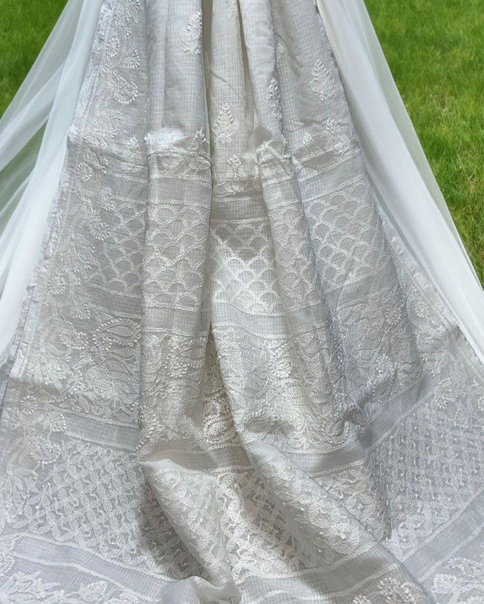 Kota Doria Saree White Color Chikankari work without blouse - IndieHaat