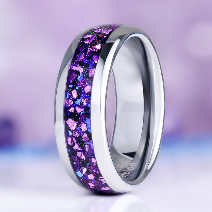 Galaxy Crushed Alexandrite & Fire Opal Wedding Band in Tungsten Carbide (8mm) by Aquamarise, upright view of the violet crushed inlay.