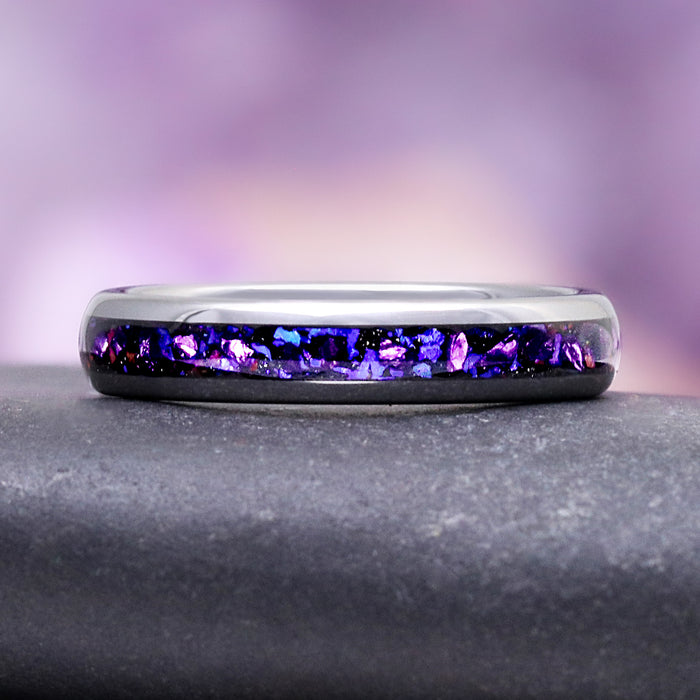 Galaxy Alexandrite & Fire Opal Tungsten Couples Ring Set by Aquamarise, featuring a polished band with vibrant purple and blue opal inlay for matching couples rings.