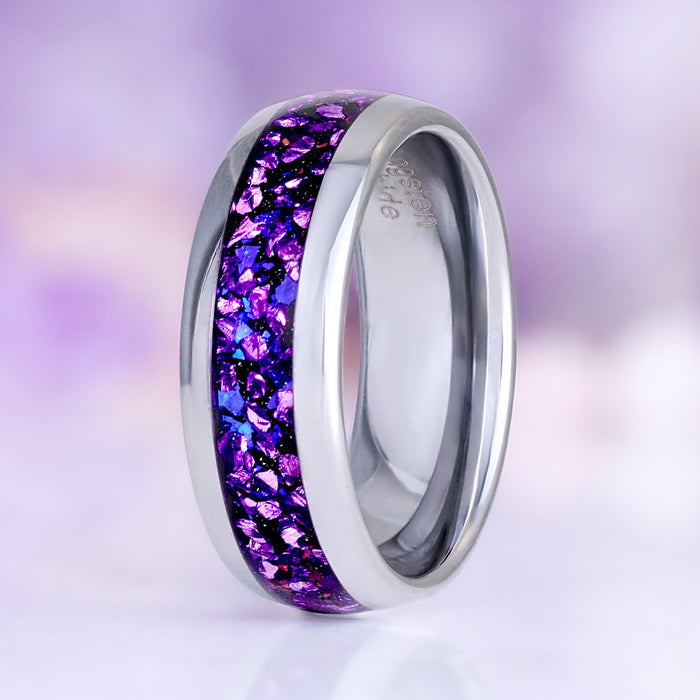 Galaxy Alexandrite & Fire Opal Tungsten Couples Ring Set by Aquamarise, featuring crushed purple-blue alexandrite and fire opal inlay with polished tungsten band in a contemporary design.