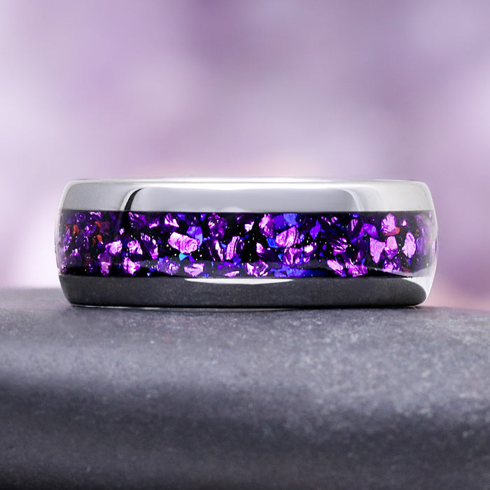 Galaxy Alexandrite & Fire Opal Tungsten Couples Ring Set by Aquamarise, featuring crushed purple-blue alexandrite and fire opal inlay within a polished tungsten band for matching couples.