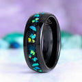 Galaxy green and blue fire opal men's wedding band in black tungsten