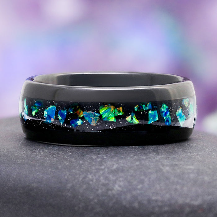 Green fire opal men's ring in tungsten