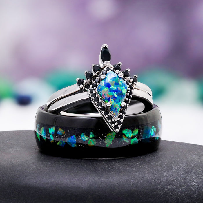 Galaxy green fire opal couples ring by Aquamarise