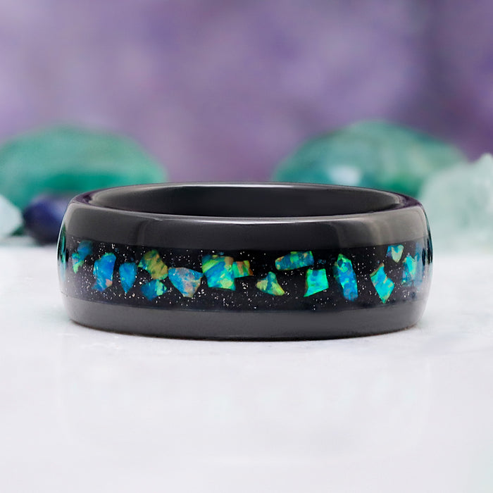 Galaxy green blue fire opal men's black tungsten wedding band, 8mm width