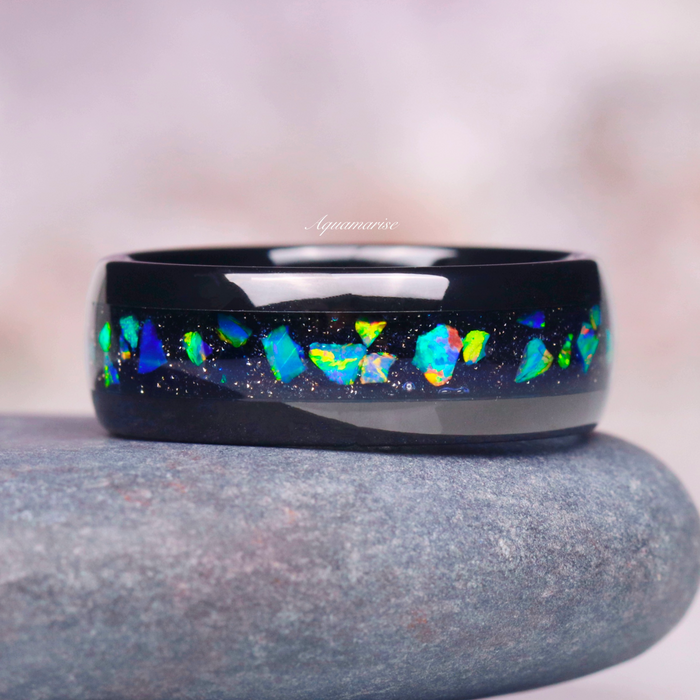 Galaxy Green Fire Opal Wedding Band in Black Tungsten Carbide
