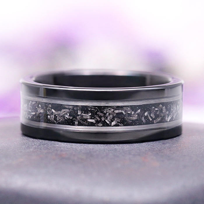 Galaxy Meteorite Men's Wedding Band in Silver/Black Tungsten Carbide (8mm) with a textured meteorite inlay by Aquamarise