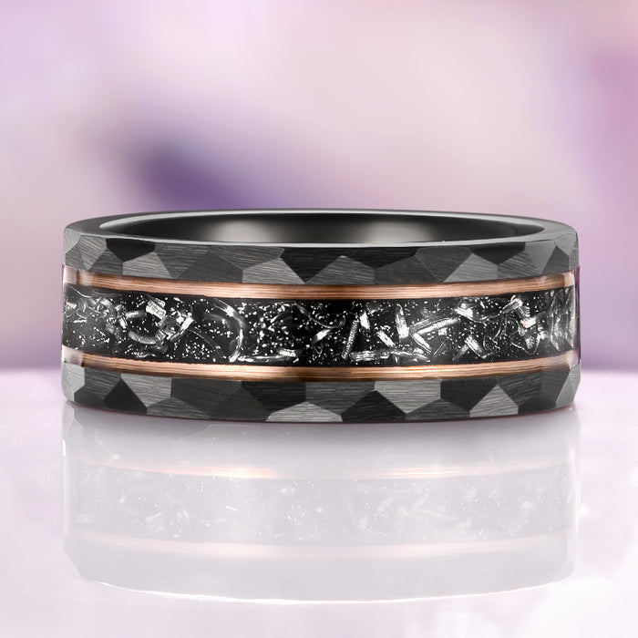 Skye Kite® Galaxy Salt & Pepper (Herkimer) Diamond & Meteorite Couples Ring Set featuring a black tungsten carbide band with a textured meteorite inlay accented by thin rose gold vermeil edges, crafted by Aquamarise.