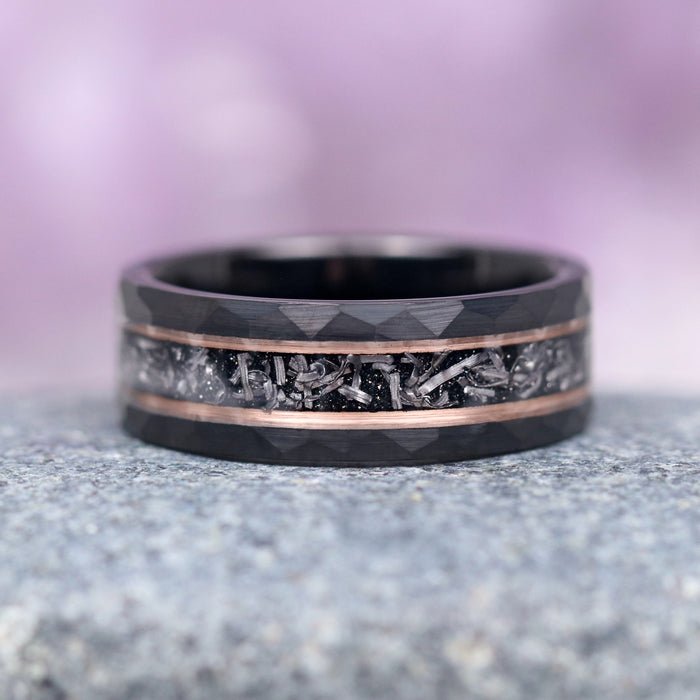 Skye Kite® Galaxy Salt & Pepper (Herkimer) Diamond & Meteorite Couples Ring Set featuring a black tungsten carbide band with a hammered finish, a central meteorite inlay bordered by rose gold vermeil edges, crafted by Aquamarise.